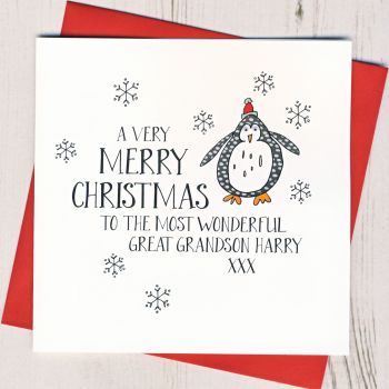 Personalised Wobbly Eyes Penguin Christmas Card