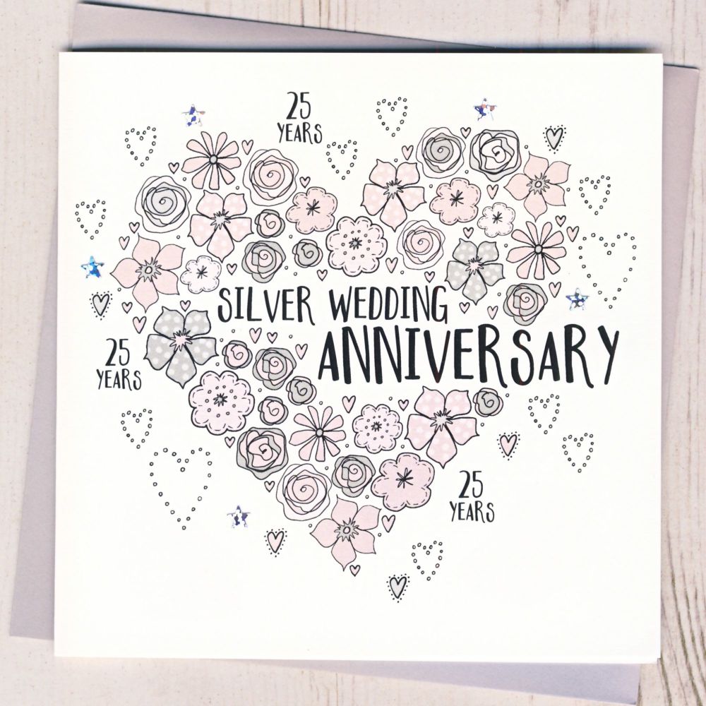 <!-- 020 -->  Floral Heart Silver Anniversary Card