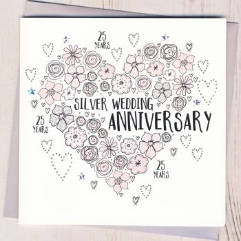   Floral Heart Silver Anniversary Card