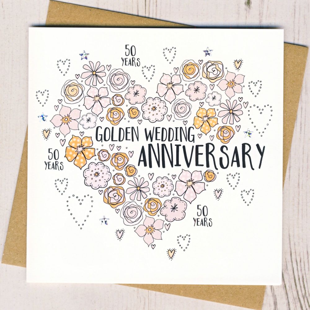 <!-- 035 -->  Floral Heart Golden Anniversary Card
