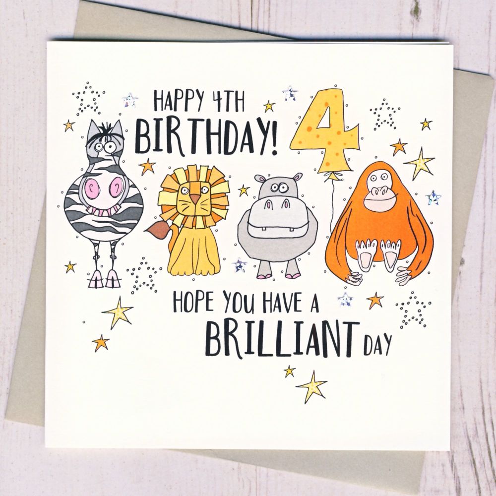 <!-- 040 --> Zoo Animals 4th Birthday Card