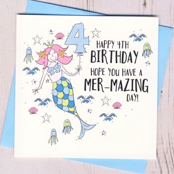  Mermaid 4th Birthday Card