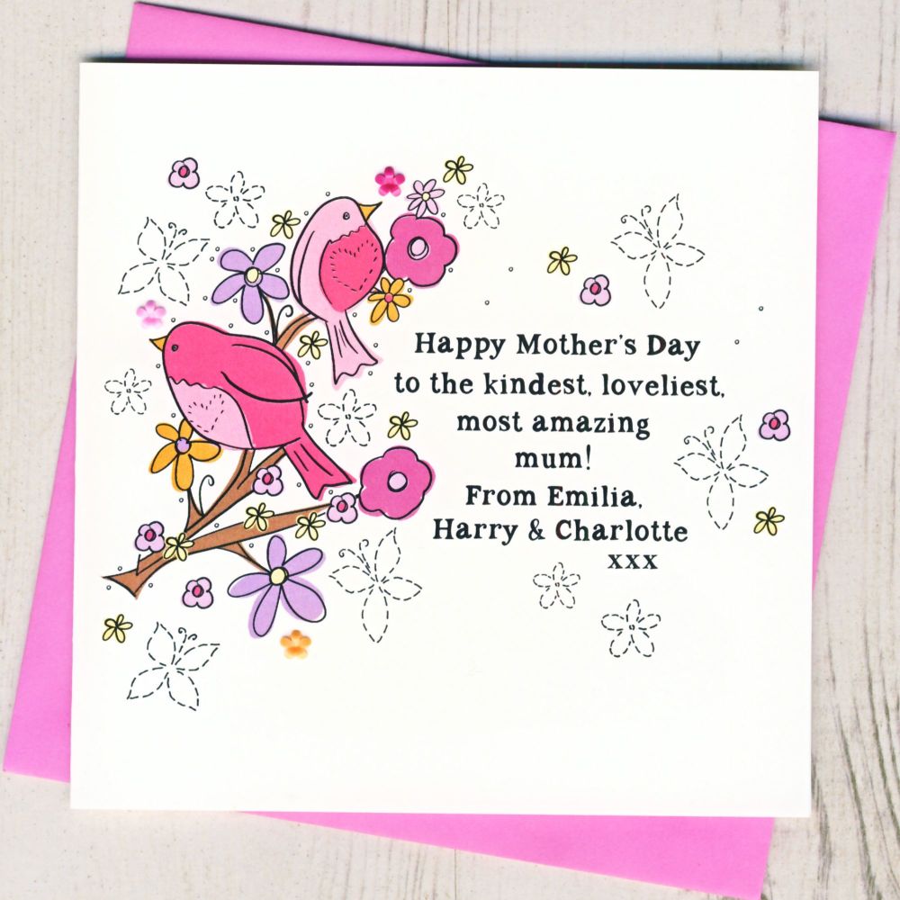 <!-- 003 --> Personalised Birds Happy Mother's Day Card