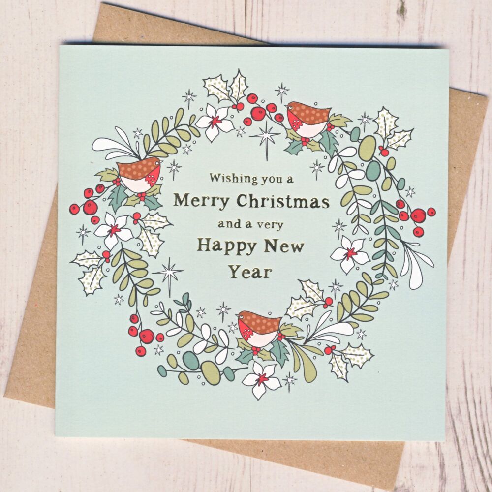 <!-- 005 --> Pack of Five Christmas Robin Wreath Cards