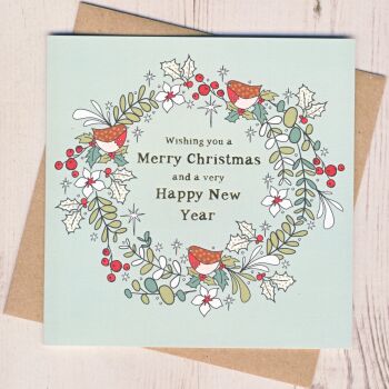  Pack of Five Christmas Robin Wreath Cards