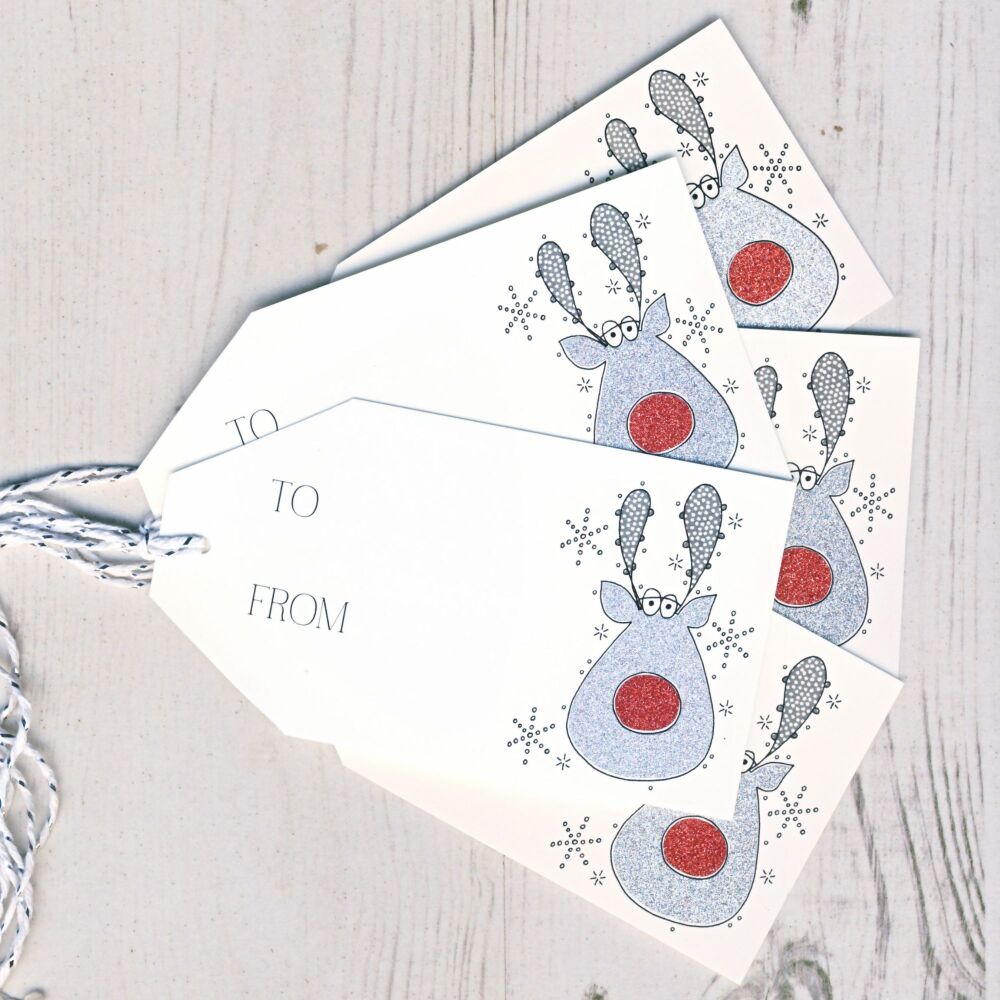 Pack of 5 Glittery Rudolph Christmas Gift Tags