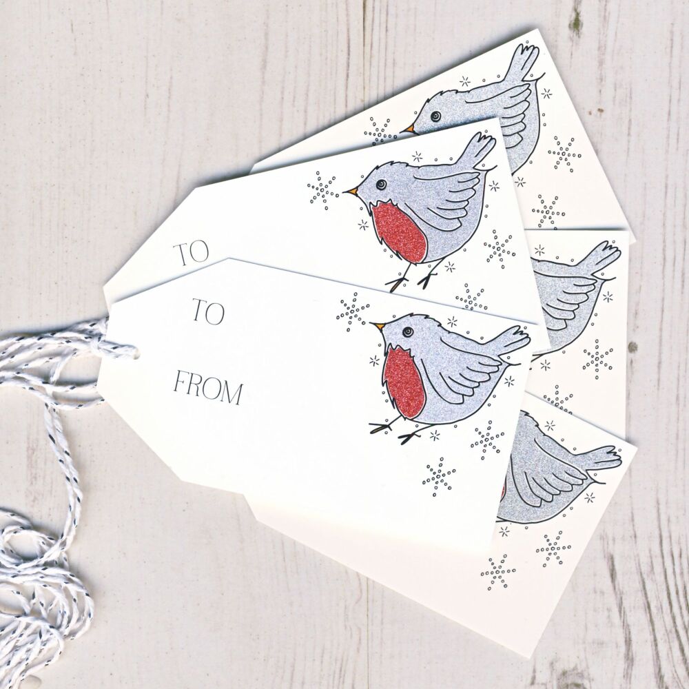 <!-- 010-->Pack of 5 Glittery Robin Christmas Gift Tags