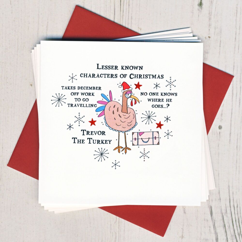 <!-- 003 -->Pack of Five Trevor The Turkey Christmas Cards