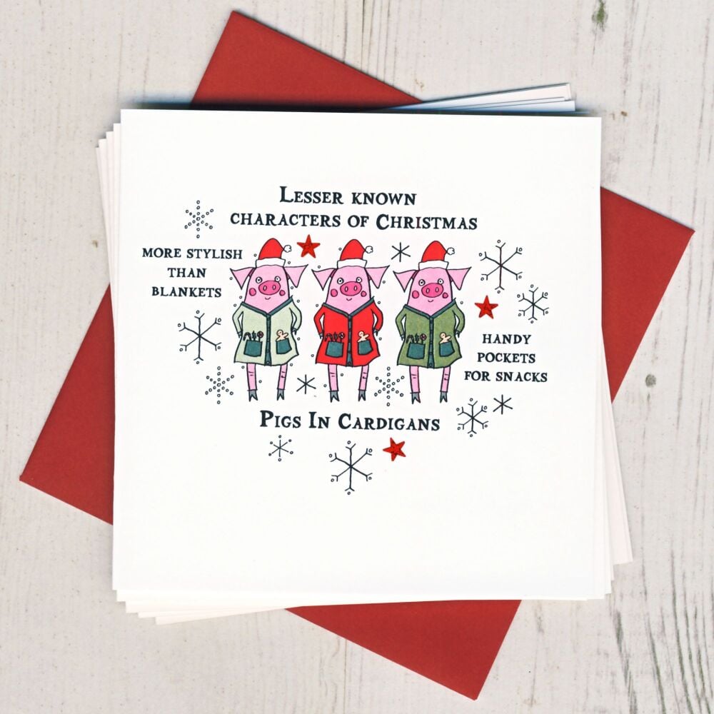 Pack of Five Pigs In Cardigans Christmas Cards