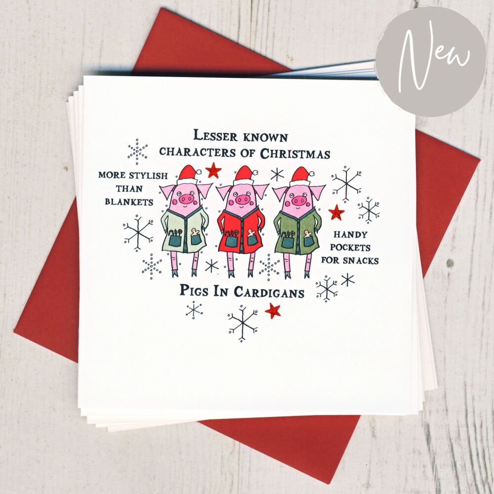 <!-- 001-->Pack of Five Pigs In Cardigans Christmas Cards