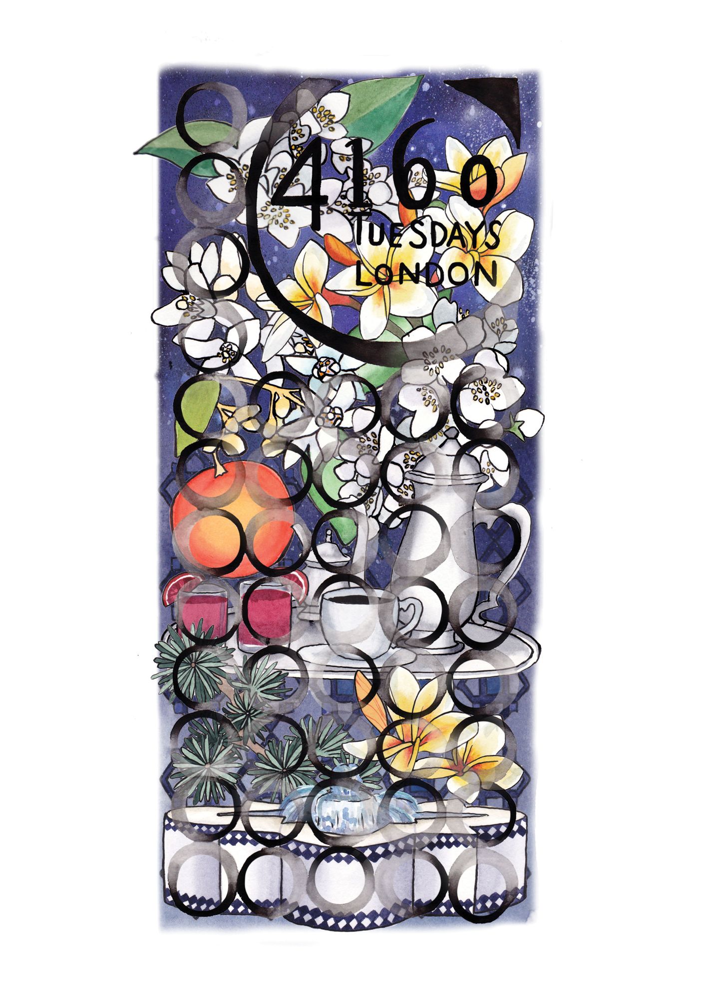 Stylised graphic containing white and yellow flowers, leaves, herbs, fruit and a table holding cups of coffee.