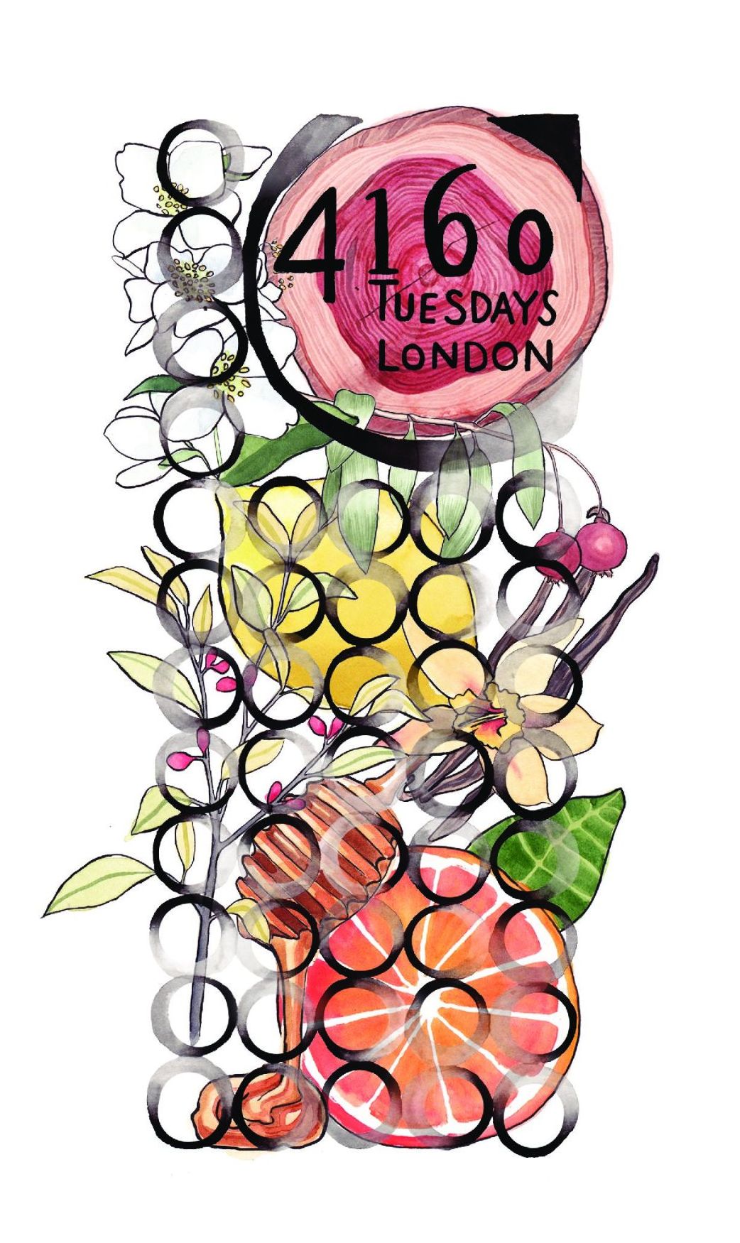 Stylised graphic containing flowers, fruit and honey.