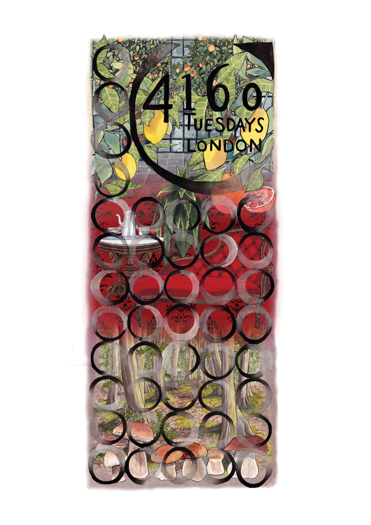 Stylised graphic containing fruit trees, leaves, metal teapot and teacups and a forrest of trees and mushrooms.