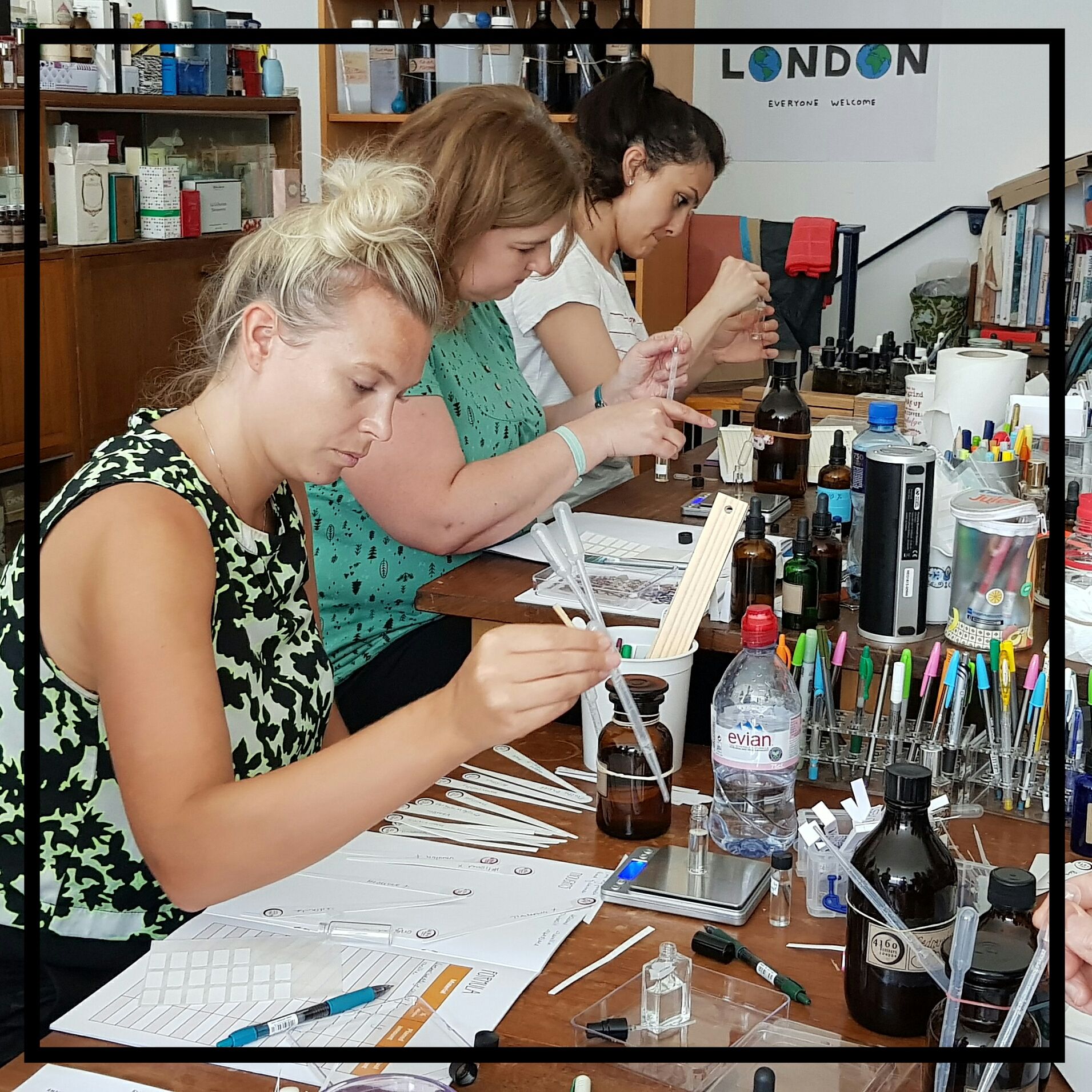 Four pictures of a perfume workshop