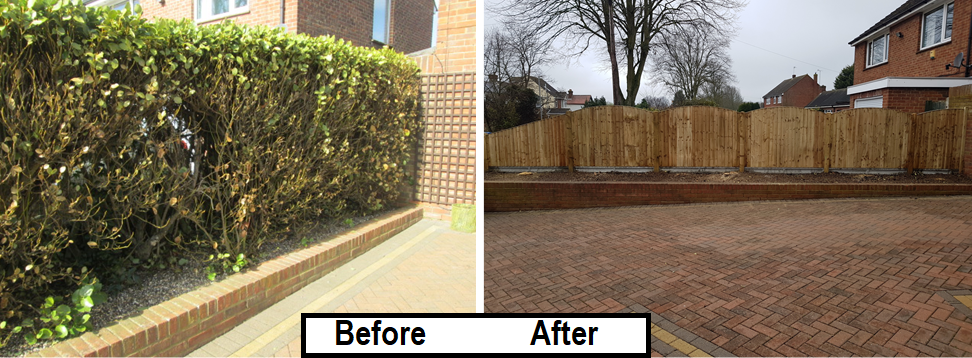Before and after - closeboard fence- old hedge removed