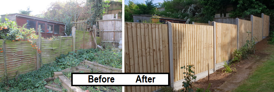 Before and after - closeboard fence up hill