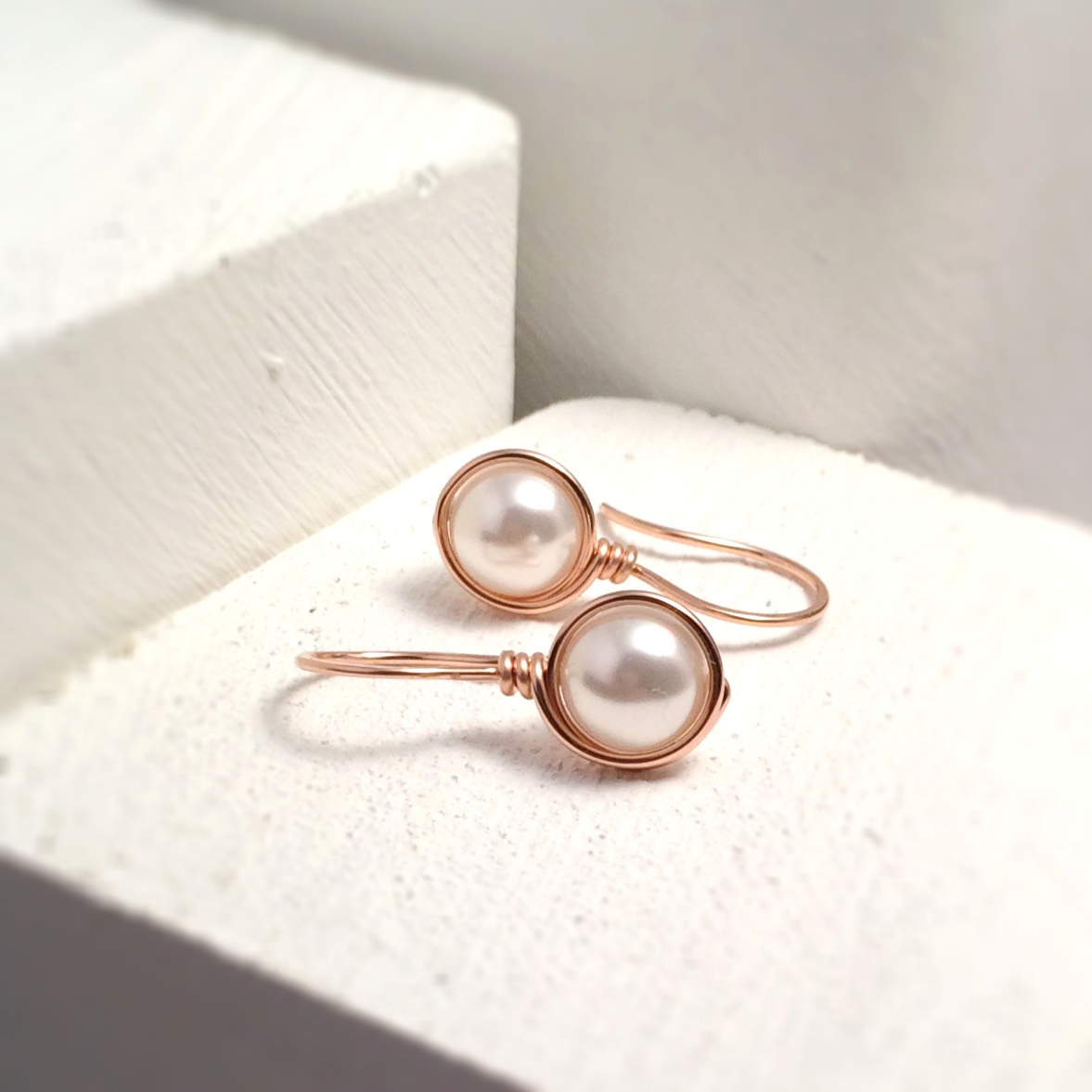 Pearl Earrings Rose Gold Filled Wire Wrapped Pearl Earrings UK