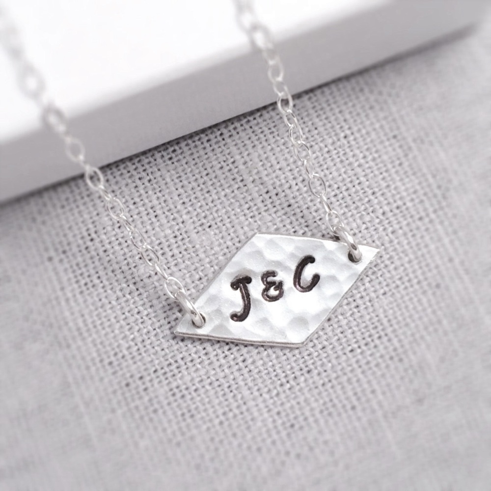 Silver Double Initials Hammered Necklace 