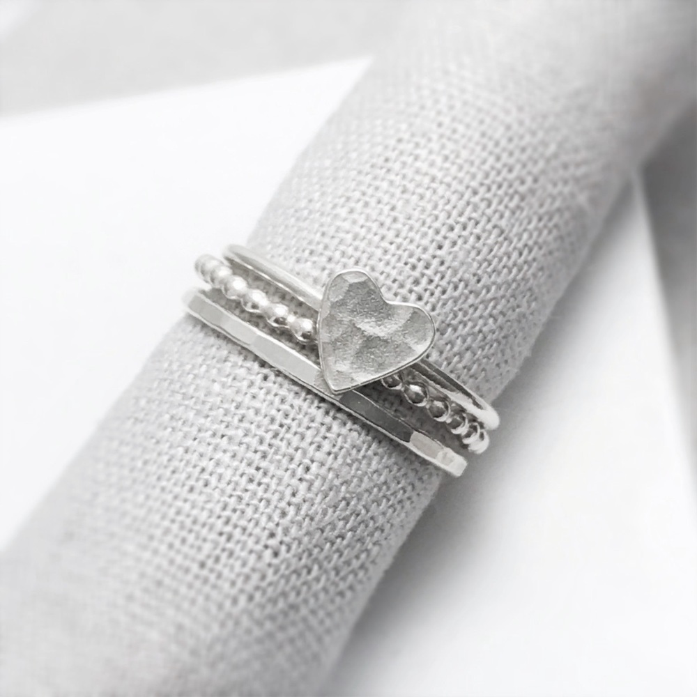 Silver Stacking Rings Heart Set
