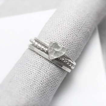 Silver Hammered Heart Ring Stacking Set