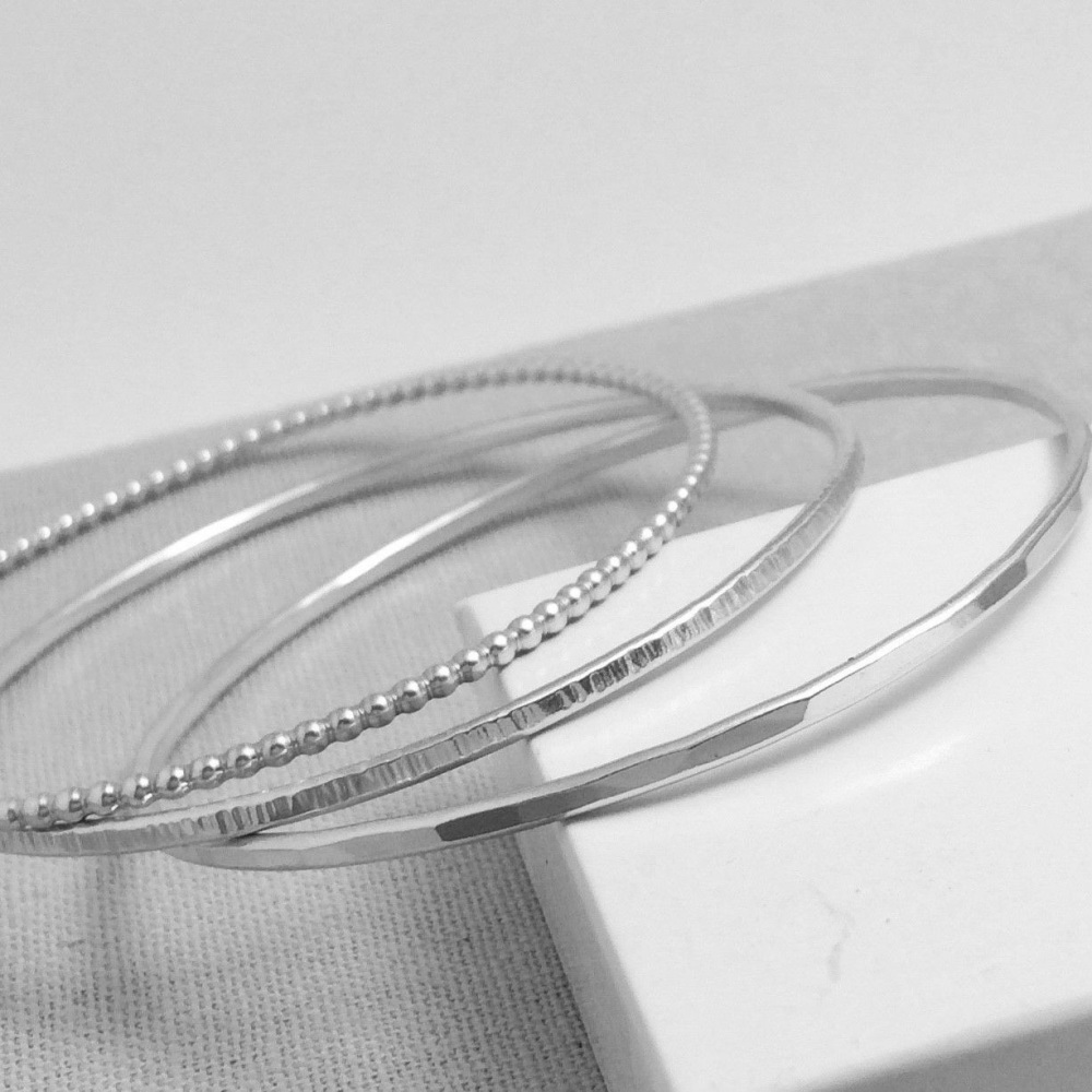 Sterling Silver Stacking Bangles - Beaded, Hammered & Linear Hammered