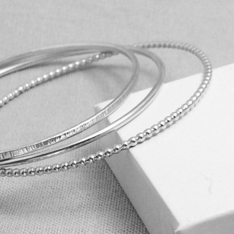Sterling Silver Stacking Bangles - Beaded, Round & Linear | Set of Three