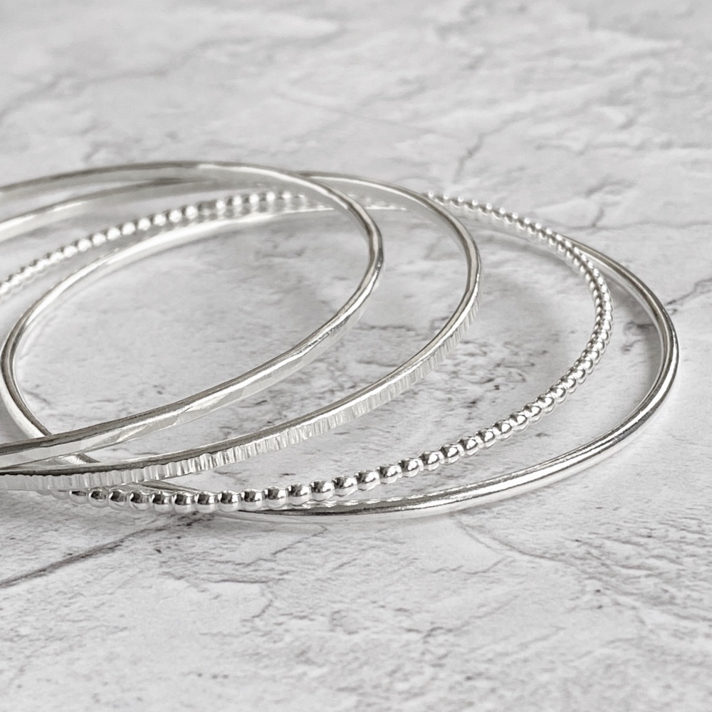 Sterling Silver Stacking Bangles - Beaded, Round, Linear & Hammered | Set o