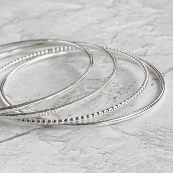 Sterling Silver Stacking Bangles - Beaded, Round, Linear & Hammered | Set of Four