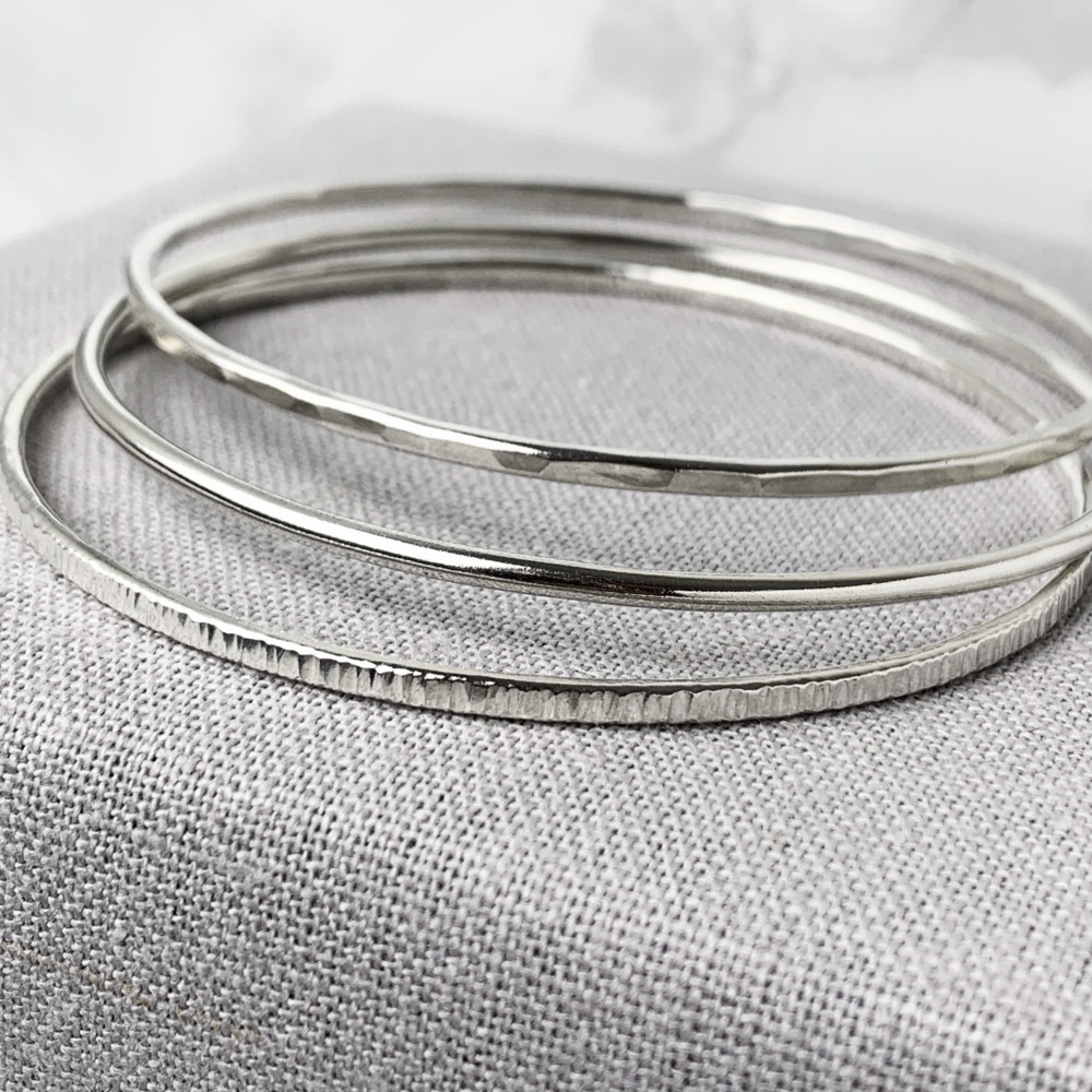 Sterling Silver Stacking Bangles - Round, Hammered & Linear Hammered | Set 