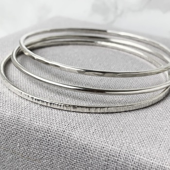 Sterling Silver Stacking Bangles - Round, Hammered & Linear Hammered | Set of Three