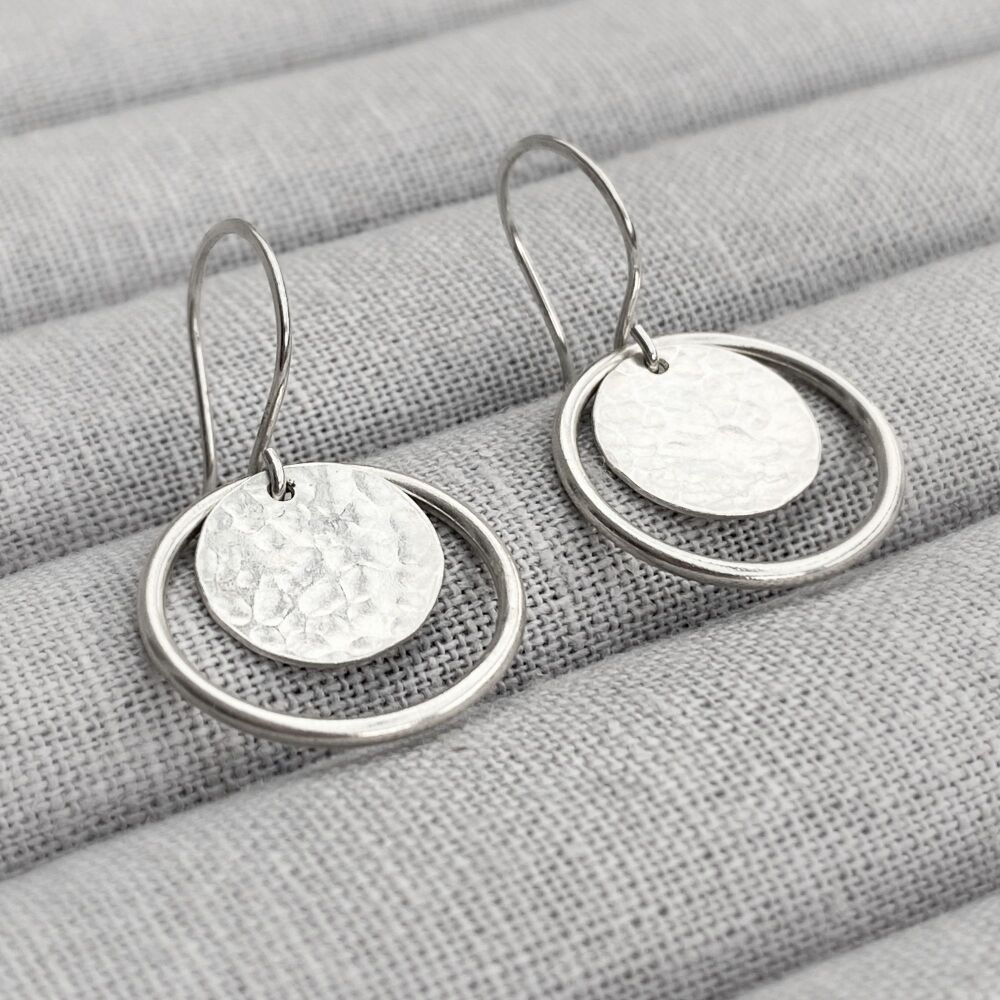 Silver Hammered Circle Drop Earrings