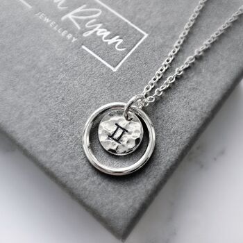 Double Circle Zodiac Necklace | Hammered Disc | Sterling Silver