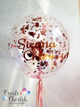 Pink, rose gold and gold confetti bubble rose gold text