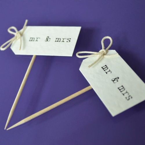 Vintage Party Picks - mr and mrs - Ivory with Thin Twine Bows