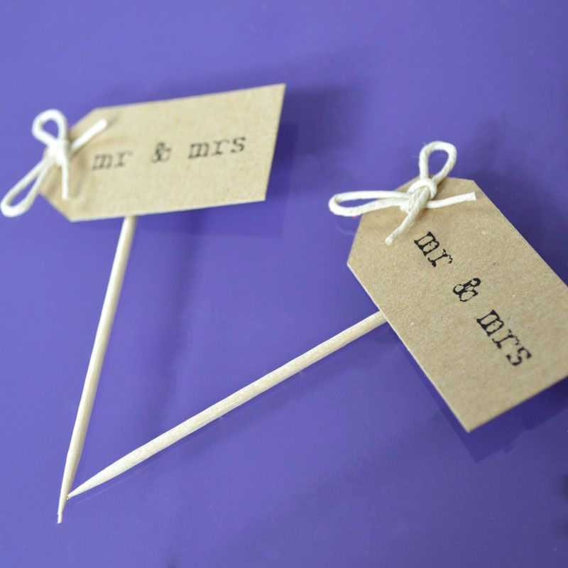 Vintage Party Picks - mr and mrs - Kraft with Thin Twine Bows