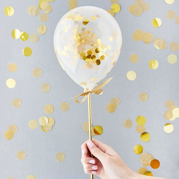 Mini Confetti Balloon Wands - Gold Pack of 5