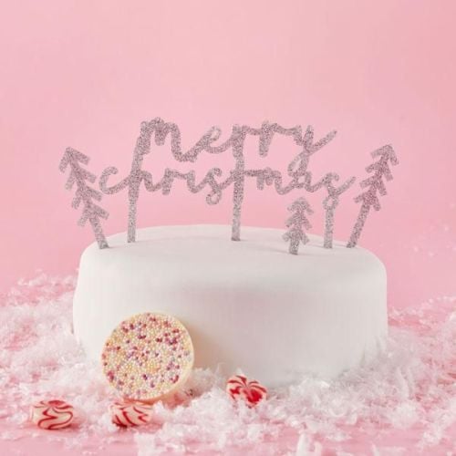 Merry Christmas Cake Topper Set Silver Glitter Acrylic