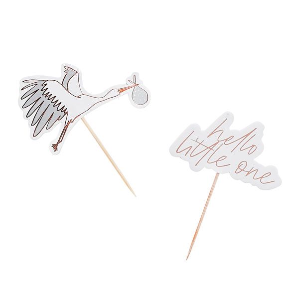 Hootyballoo - 6 Hello Little One Food Cupcake Picks with Stork