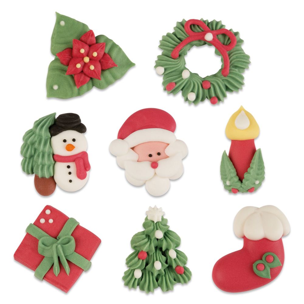 Sugar Christmas Assortment (Pack of 8) - Present, Tree, Stocking, Candle, Santa Face, Snowman, Wreath & Poinsettia