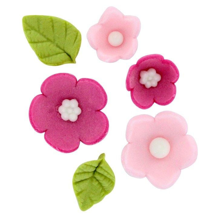 Pink Sugar Flowers & Leaves (16 pieces)
