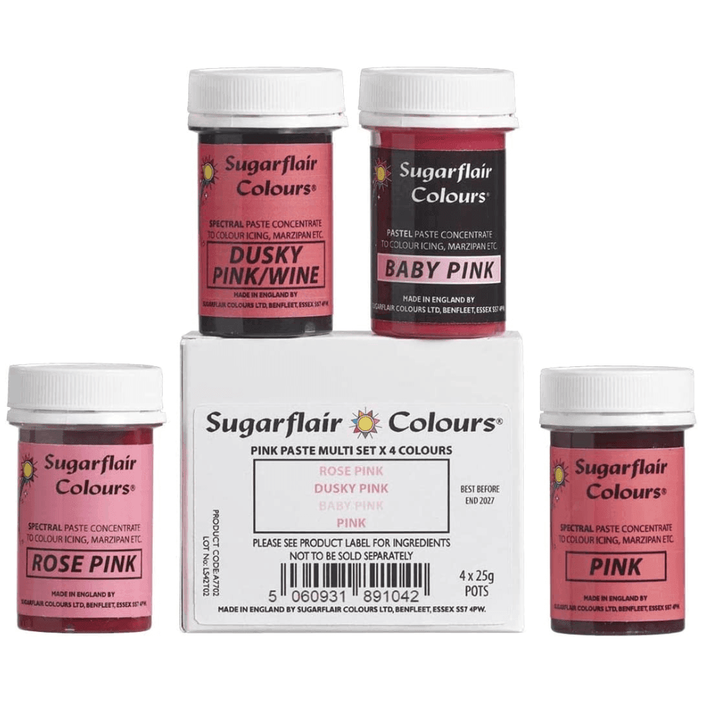 Sugarflair Paste Colours 25g PINK Mixed Set of 4 - Rose Pink, Dusky Pink, B