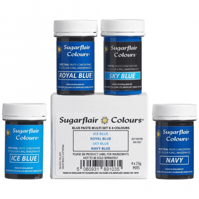 Sugarflair Paste Colours 25g BLUE Mixed Set of 4 - Ice Blue, Royal Blue, Sk