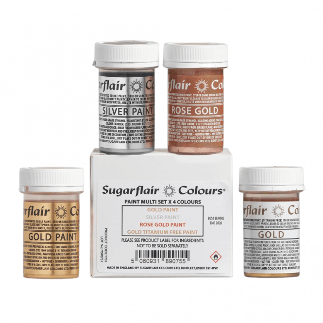 Edible Paint by Sugarflair 20g METALLICS set of 4 - Gold, Silver, Rose Gold & Gold Titanium Free Paints