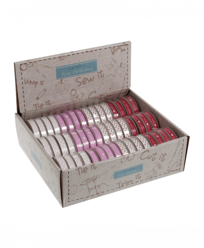 Trim Collection Ribbon - Pink hearts on a white background
