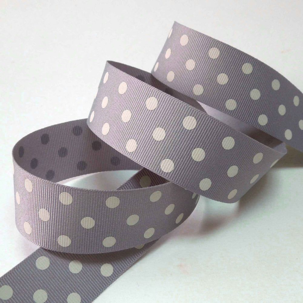 Ribbon: Spotty Grosgrain - Cream Spots on Grey - 25mm x 5mtrs