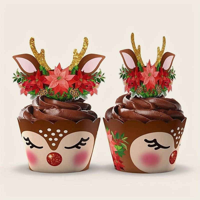 Cute Reindeer Cupcake Case Wrapper with Antler Topper (Pack of 24)