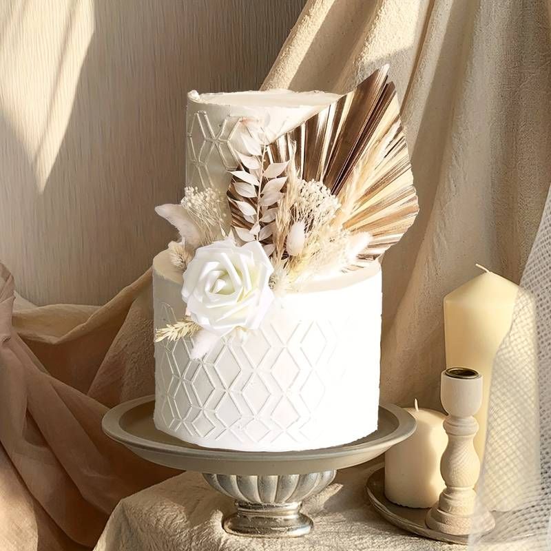 Gold Spear Palm & Dried Flower Cake Topper Arrangement