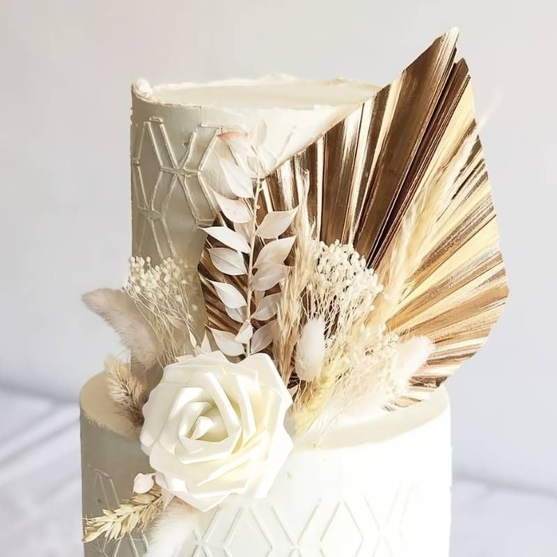 Gold Spear Palm & Dried Flower Cake Topper Arrangement