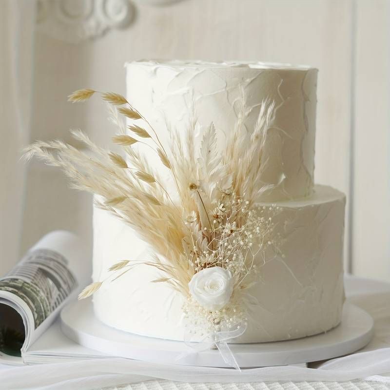 White Rose & Dried Spears Cake Bouquet Topper