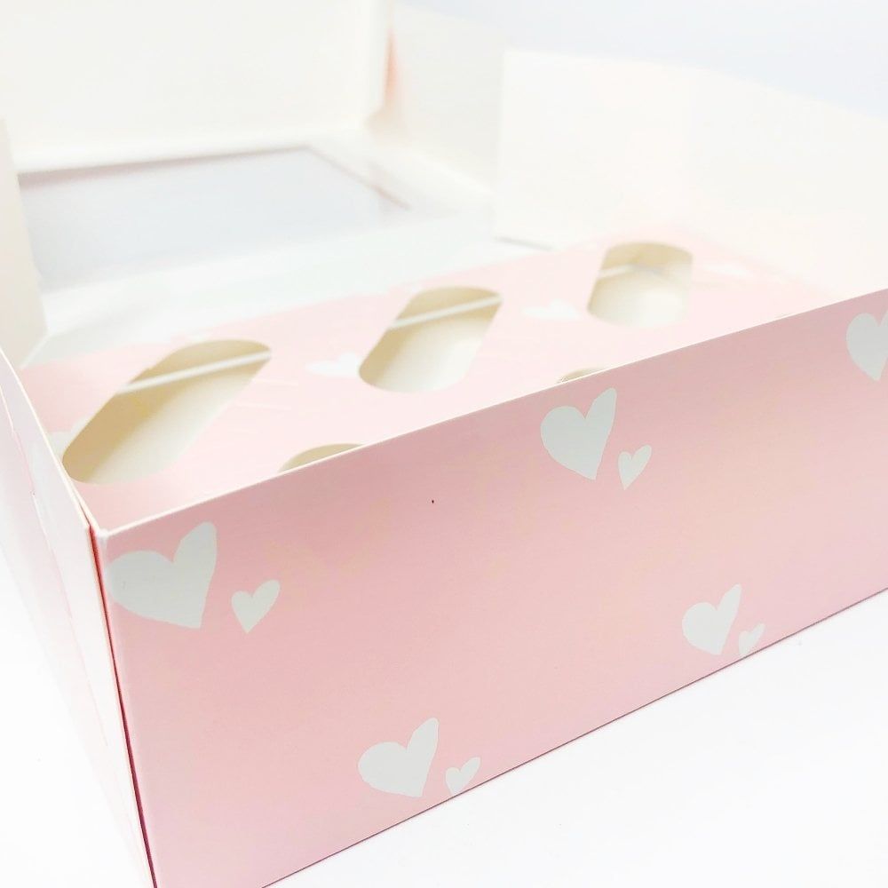 Purple Cupcakes Cupcake Box - PASTEL PINK WITH HEARTS for 6 cupcakes